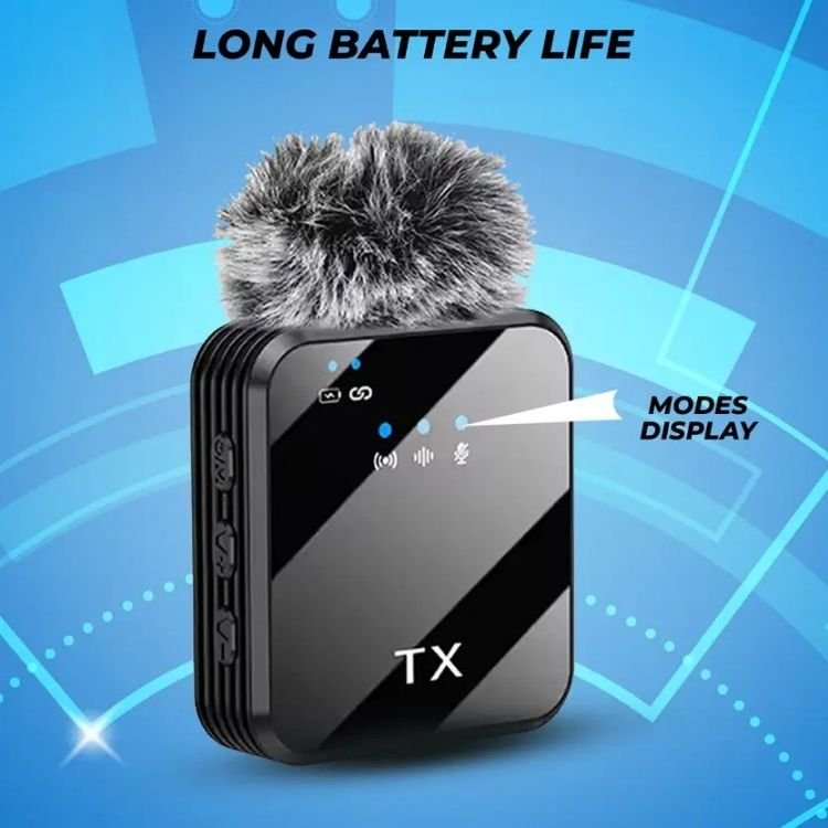 A single Arena Mic TX unit highlighting its long battery life.