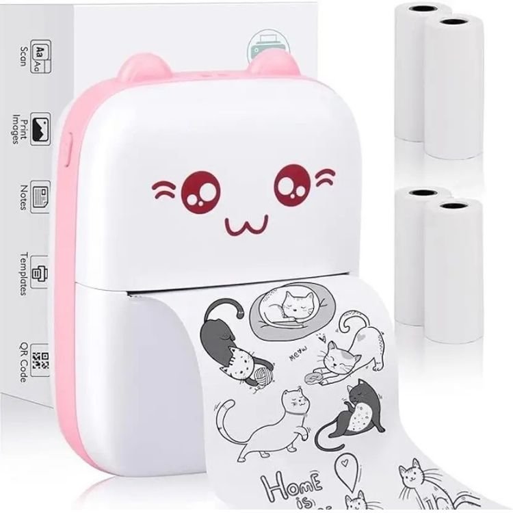 Mini cat printer printing a drawing of cats.