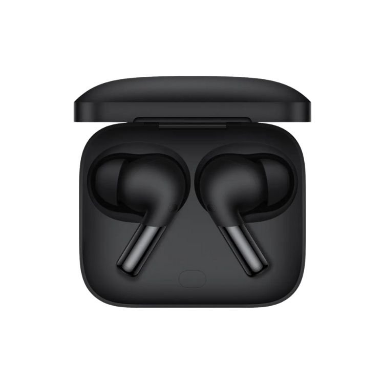 OnePlus Buds Pro black true wireless earbuds neatly placed in charging case, top view