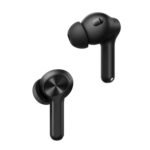 Two black and yellow Realme Buds T110 earbuds.